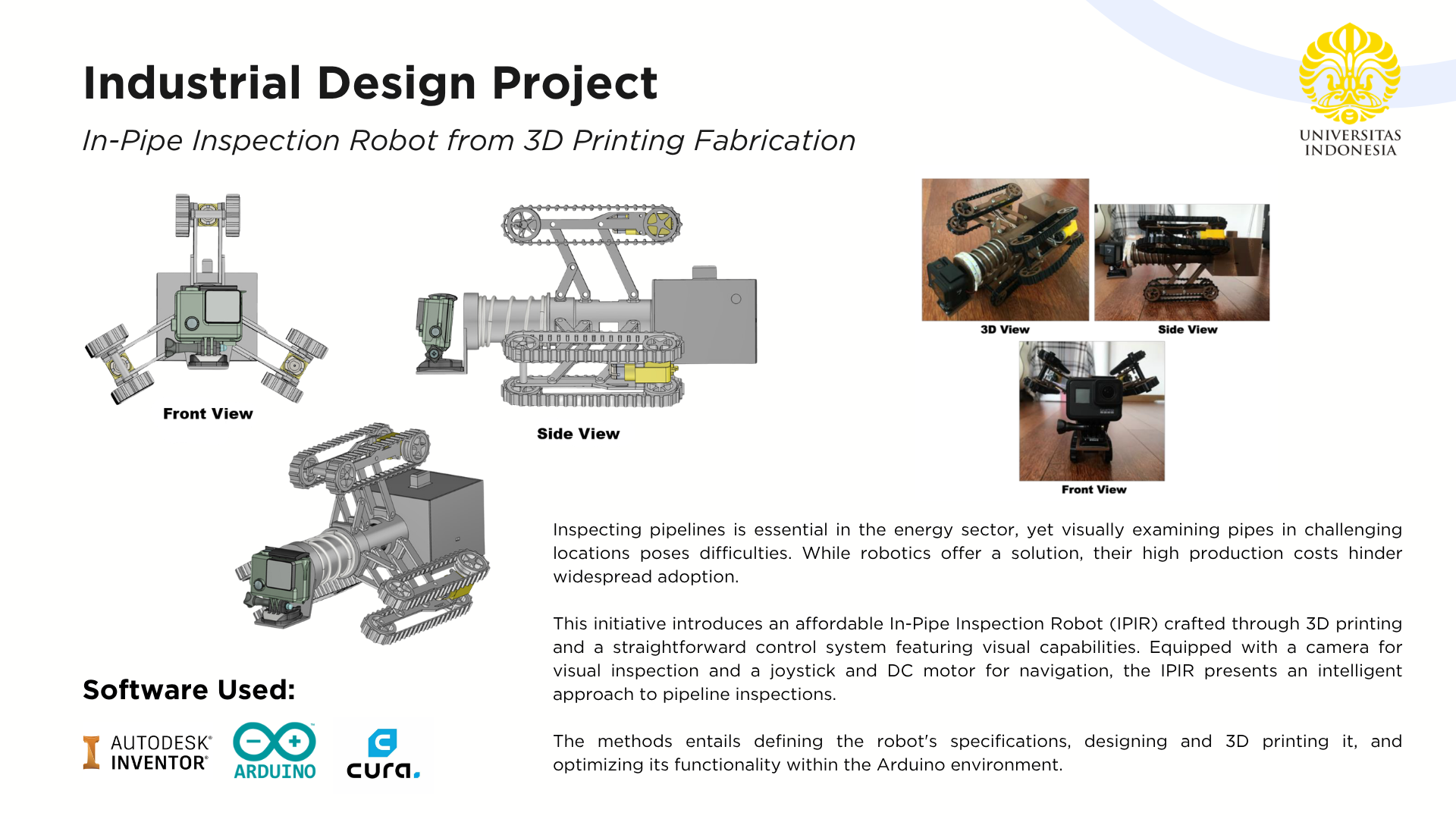 In-Pipe Inspection Robot — clean CAD renders front, side and isometric views