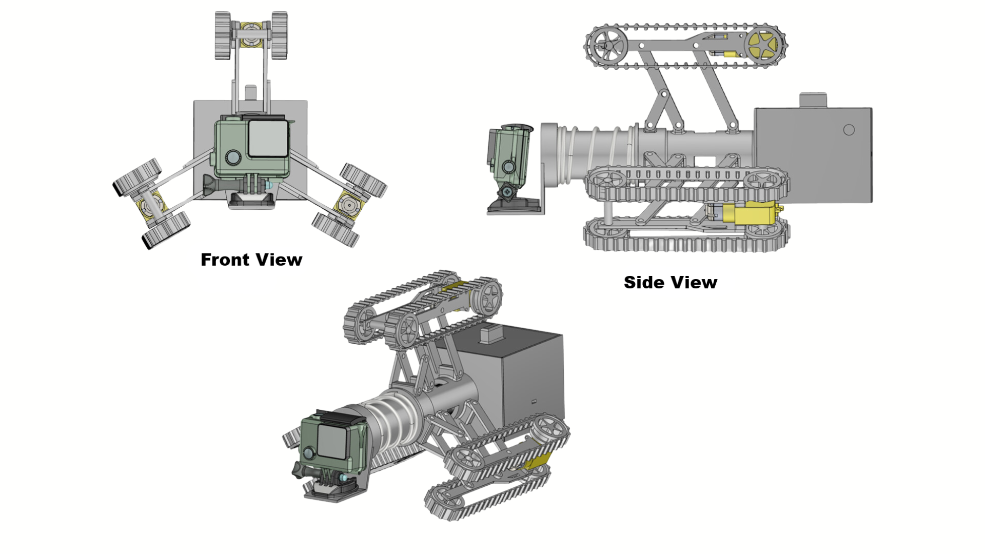 In-Pipe Inspection Robot — CAD renders front, side, and isometric views