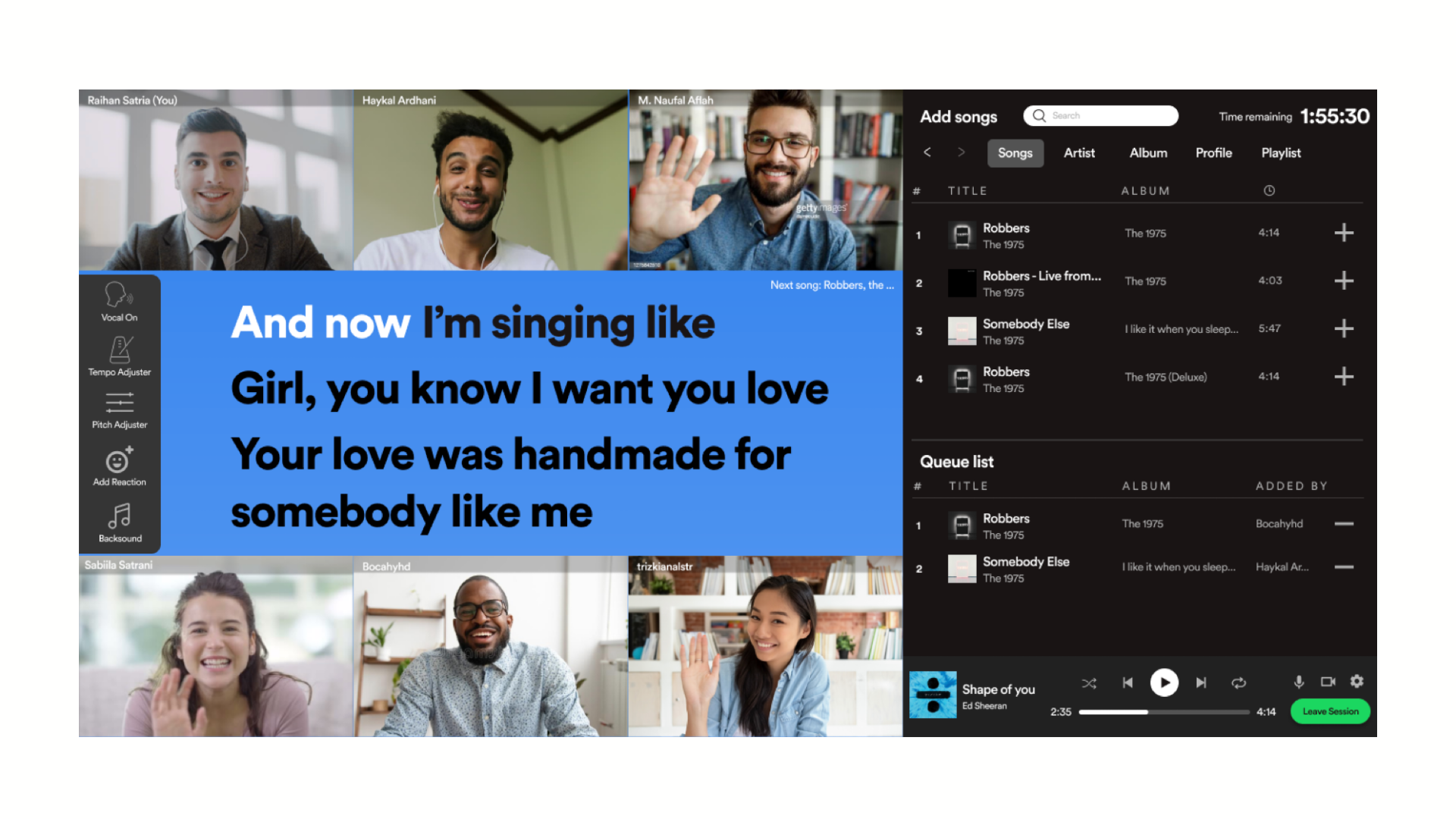 Spotify Karaoke Party Room — in-session karaoke view with live lyrics and video
